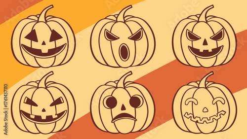 Spooky Halloween pumpkins with playful expressions, perfect for themed designs and festive autumn greetings, evoking fun and spooky vibes for seasonal promotions