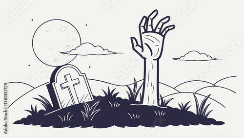 Spooky Halloween night scene with zombie hand emerging from grave under full moon, perfect for haunted houses and eerie designs in vector style