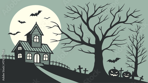 Eerie Halloween Night Scene with Haunted House, Bats, and Pumpkins for Spooky Season Designs, Perfect for Seasonal Greetings and Creepy Decorations