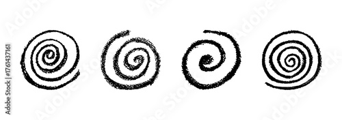Vector abstract spiral collection in round spin motion. Crayon, pastel, chalk, and charcoal doodle squiggle style with liquid splash effect, school blackboard concept for kids and children art.