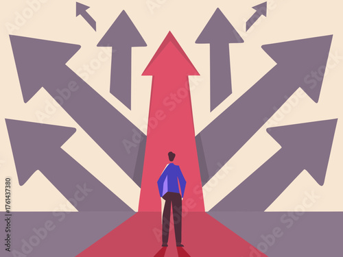 Man standing at a crossroads choosing the correct path forward among many diverging directions