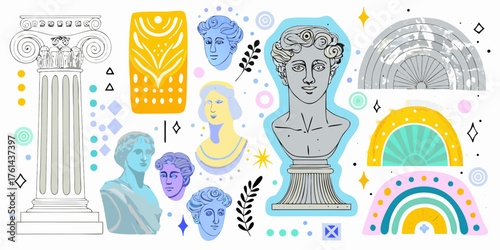 Collection of ancient greek roman statues busts columns and abstract decorative elements