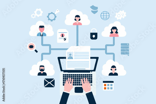 Digital network connecting people and data through cloud technology and a laptop