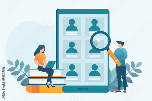 People searching for candidates on a digital profile screen with a magnifying glass and laptop