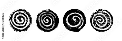 Collection of round spiral doodles in crayon, pastel, chalk and charcoal. Kid-style wax squiggle swirls show liquid splash motion, curvy spin movement, like on a school chalkboard. Vector illustration