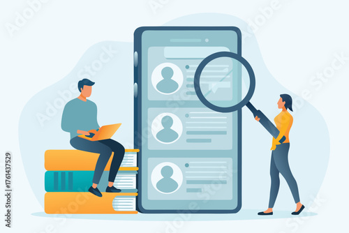 People using technology to research and find information on a large smartphone screen with magnifying glass and books