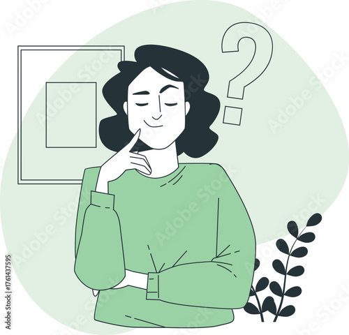 Woman with hand on chin thinking with a question mark and plant Keywords: thinking, woman, questioning, doubt, confusion, contemplation, idea, thought, decision, problem solving, curiosity