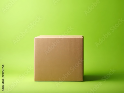 Plain large brown cardboard box on a lime green clean background 