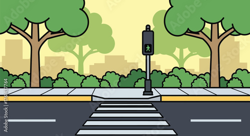 Cartoon crosswalk scene with green light and trees illustration