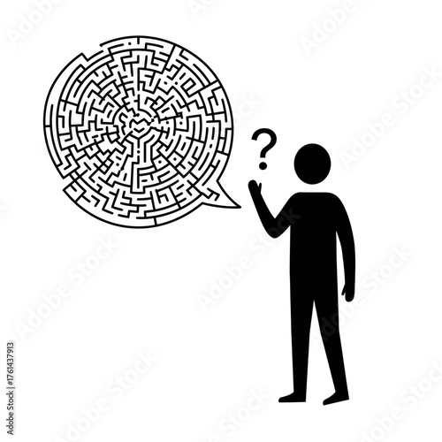This graphic illustrates a person facing a perplexing maze, signifying the mental struggle with difficult choices, uncertainty, and the quest for clarity.