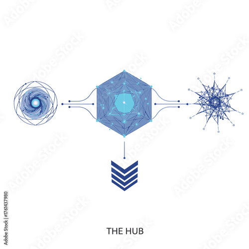 An intricate digital illustration showcases a central hexagonal hub connecting complex geometric data structures, symbolizing advanced technological networks and information flow.