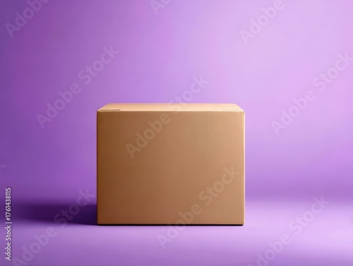plain large brown empty mockup cardboard box on a purple clean, well lit purple background