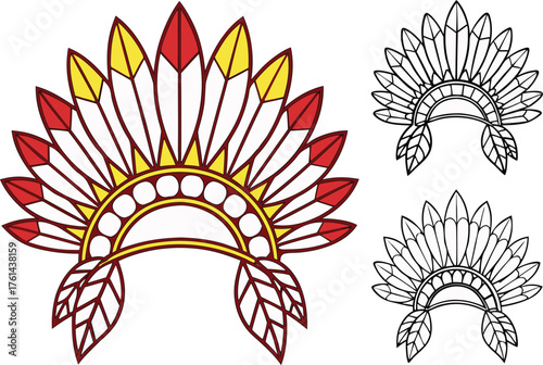American Headdress Culture Drawing Set. Native Headdress Illustration Design. Traditional Tribal Headwear Artwork. Indigenous American Art Collection. Cultural Headdress Illustration Set