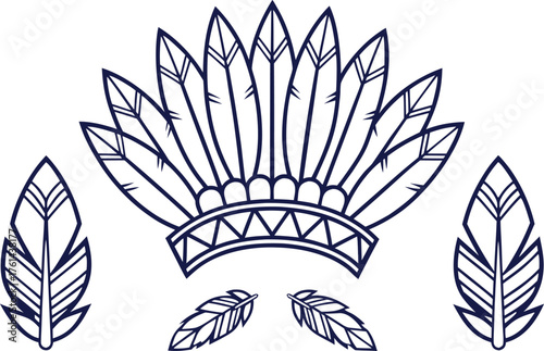 American Headdress Culture Drawing Set. Native Headdress Illustration Design. Traditional Tribal Headwear Artwork. Indigenous American Art Collection. Cultural Headdress Illustration Set