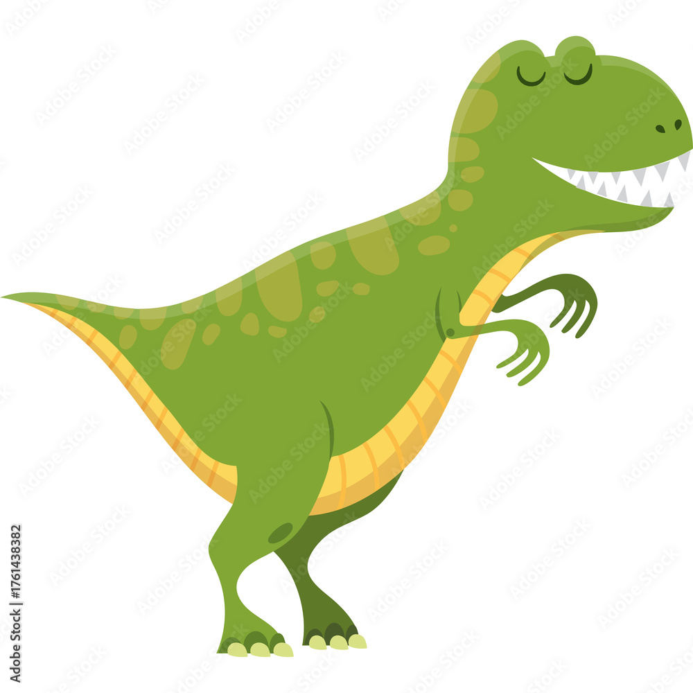 Fototapeta premium Green Cartoon Dinosaur with Closed Eyes and Smiling Mouth Standing on White Background