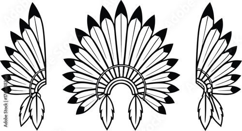 American Headdress Culture Drawing Set. Native Headdress Illustration Design. Traditional Tribal Headwear Artwork. Indigenous American Art Collection. Cultural Headdress Illustration Set