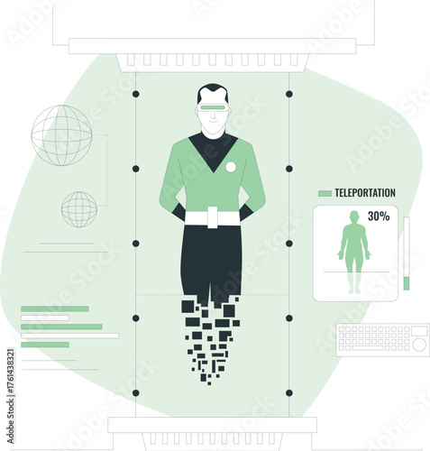 Futuristic teleportation device with a man being dematerialized Keywords: teleportation, futuristic, technology, science fiction, device, machine, transportation, future, man, person