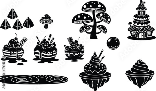 Fantasy dessert land vector illustration with sweets and mushrooms