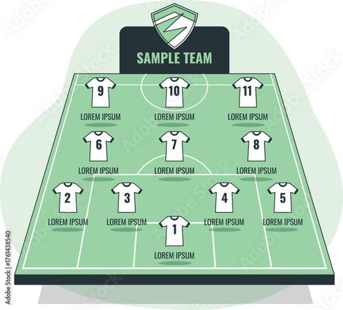 Soccer team formation diagram with jerseys numbered 1 to 11 and a team logo football strategy