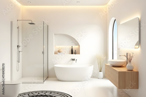 Minimalist white bathroom design with freestanding tub and walk in shower