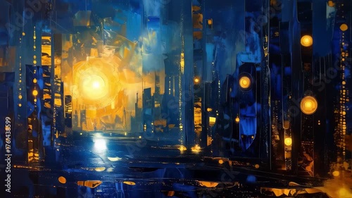Abstract Digital Cityscape with Vibrant Light and Colorful Patterns