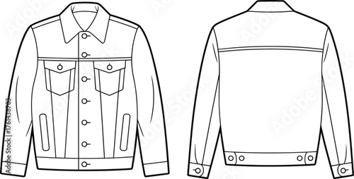 Classic denim jacket front and back view, fashion flat sketch, technical garment drawing, vector apparel design, cad drawing flat vector illustration
