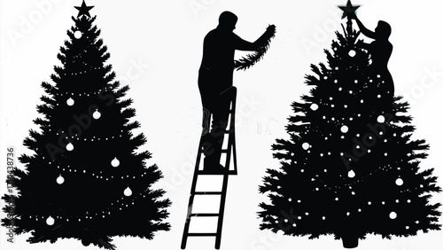 Silhouette Christmas tree decorating holiday season preparation