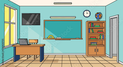 Classroom illustration with blackboard desk and bookshelf scene