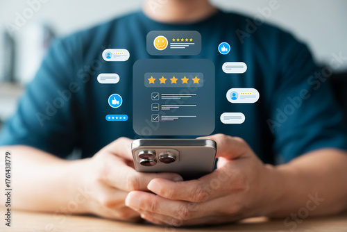 Satisfaction reviews, 5-star customer reviews, excellent service via smartphone, real user feedback, digital reviews and app ratings, marketing and service businesses.