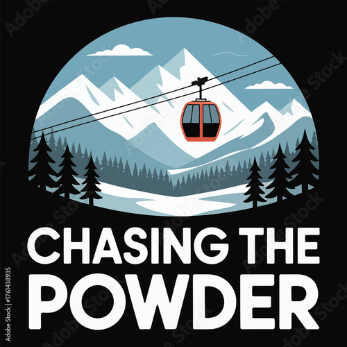 Orange cable car ascending snowy mountains ski resort