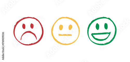mood set doodle hand drawn faces icon collection. Sad, indifferent and happy emotions. Good, regular and bad rating
