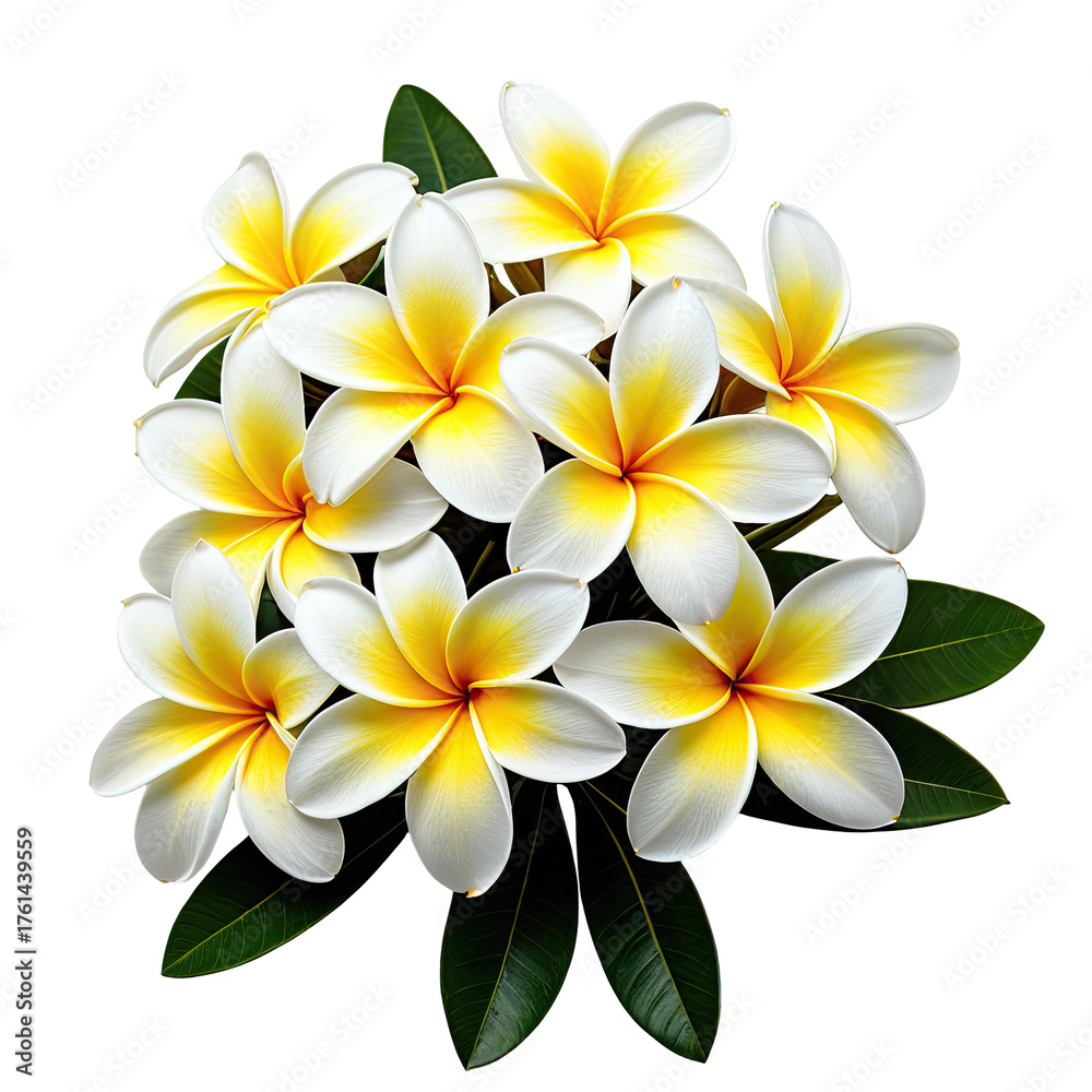 Fototapeta premium Bouquet of white and yellow flowers with green leaves on black