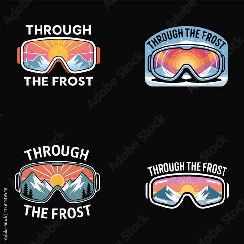 Ski goggles with mountain sunrise reflection winter