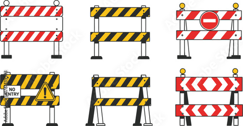Construction barrier vector set road block barricade safety signs