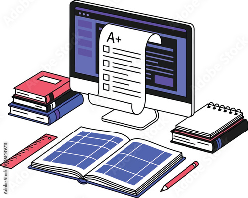 Online learning and education concept with books and computer screen