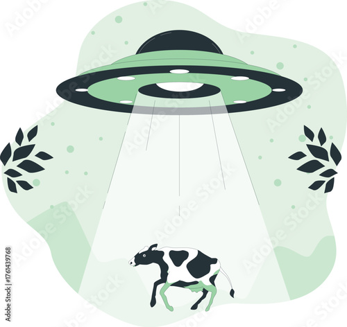 Flying saucer abducting a black and white cow with a light beam alien abduction