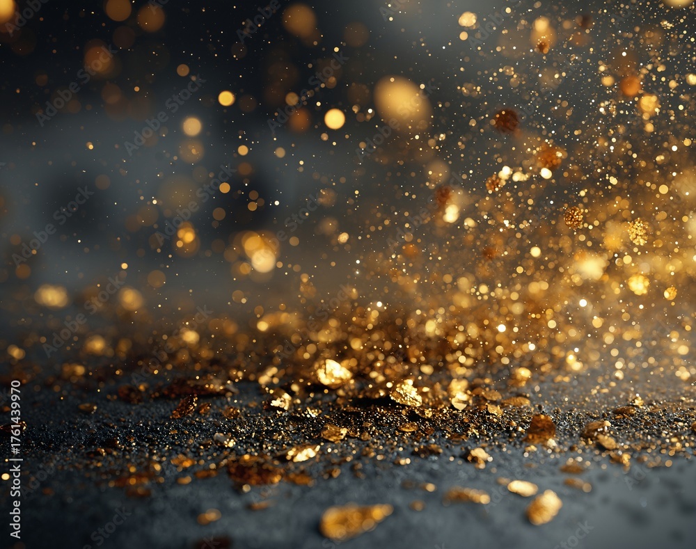 Obraz premium Sparkling golden glitter particles floating in the air and scattered on dark surface with shimmering light effects creating a festive, glamorous, and luxurious atmosphere