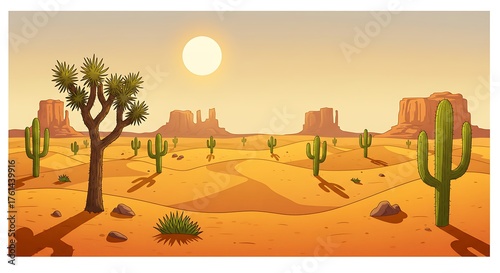 Vibrant Cartoon Desert Landscape with Joshua Trees and Cacti Under a Bright Sun.