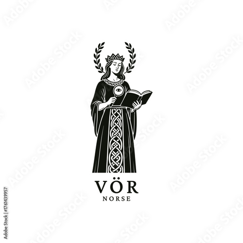 Vör Norse Goddess of Wisdom and Insight Vintage Logo.  illustration of the Norse Goddess Vör, who knows everything, reading a book and holding a magnifying glass to examine a detail or a mystical eye