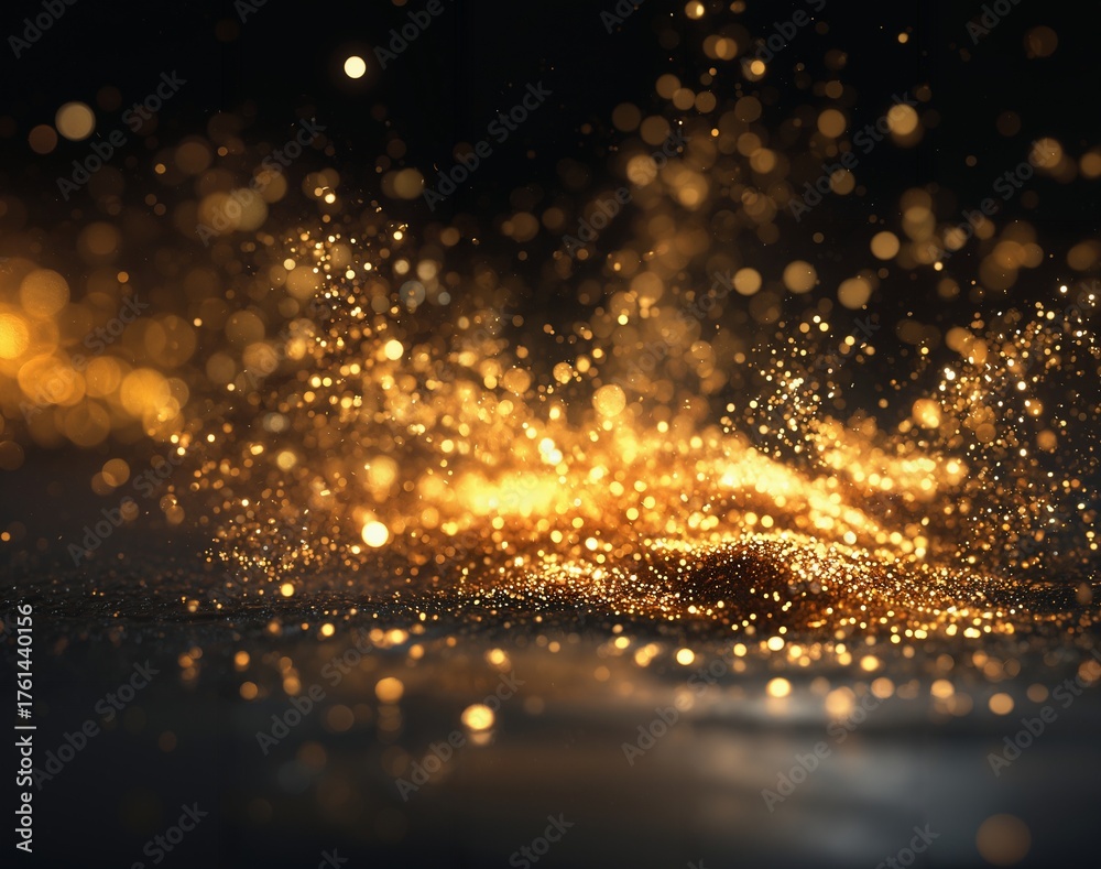 Naklejka premium Shimmering golden glitter particles floating and sparkling against a dark background with a sense of movement and depth, creating a magical and festive atmosphere.