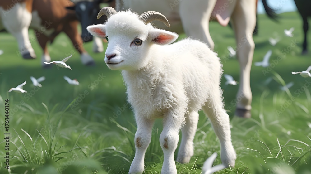 Obraz premium A white lamb with a fluffy coat and delicate features stands in a lush green field surrounded by other animals, including a few cows with brown hides and curved horns, a flock of birds flying overhead