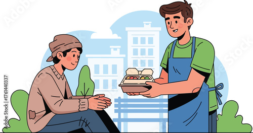 Vector art of man giving food to a person sitting on a bench in a park