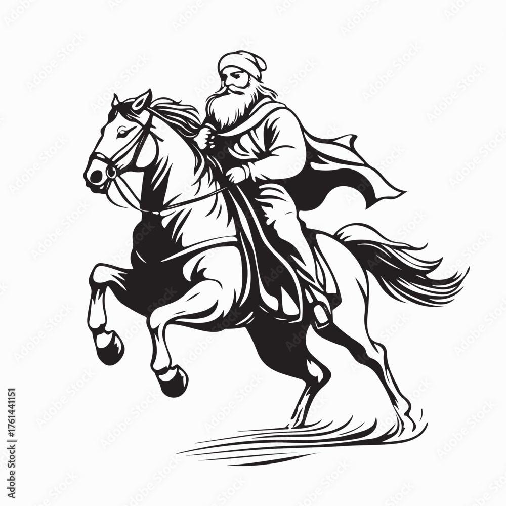 Obraz premium Christmas Santa Riding Horse Vector Illustration on white background