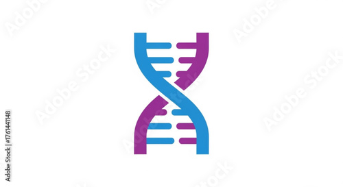 A stylized DNA double helix with blue and purple strands on a white background.