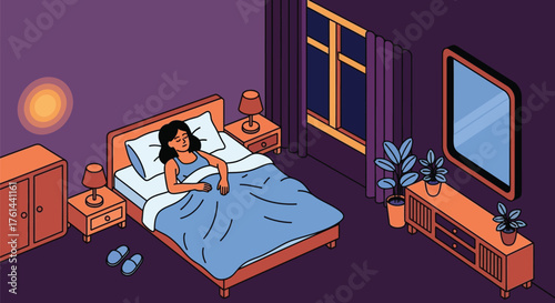 Woman sleeping in bed bedroom night rest sleep cartoon illustration