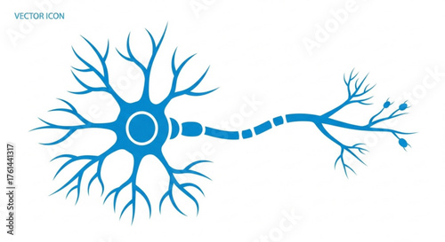 Blue neuron illustration with dendrites and axon, isolated on white background.