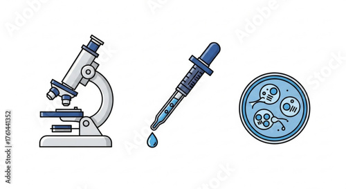 Illustration of a microscope, dropper with a blue liquid, and petri dish with cells on a white background.