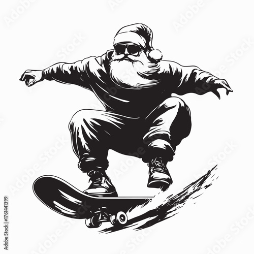 Cool Santa Claus Skateboarding Silhouette on white background
