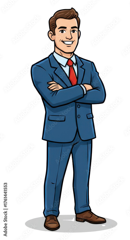 Obraz premium Pixel Art Businessman in Blue Suit and Red Tie Arms Crossed Confident Pose