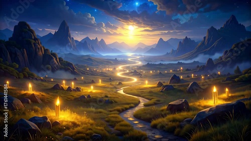 Serene Sunset Over Misty Hills and Glowing River Pathway